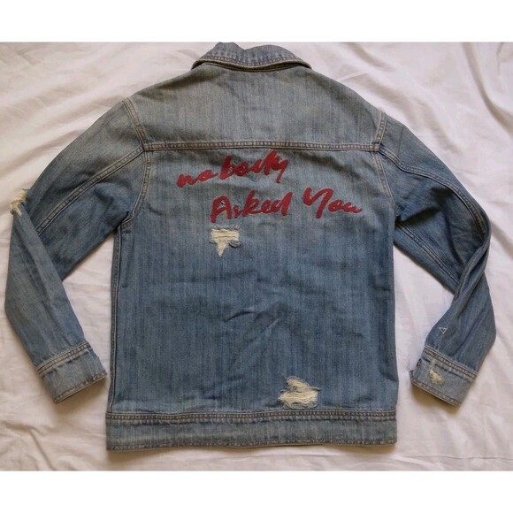 Hidden Embroidered Distressed Denim Jean Jacket Grunge Y2K Women's Size XS - Picture 13 of 16